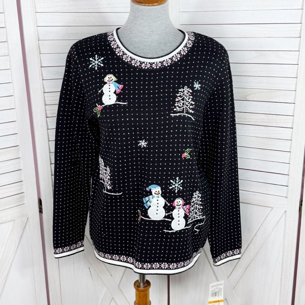 Alfred‎ Dunner Embroidered Snowman Polka Dot Holiday Christmas Sweater Black S
